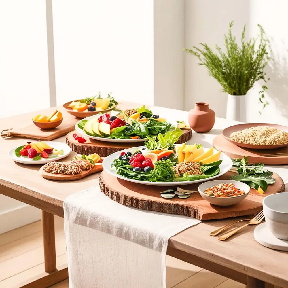 Table Avec De Nombreuses Assiettes De Nourriture, Y Compris Du Riz, Des Fruits Et Des Légumes