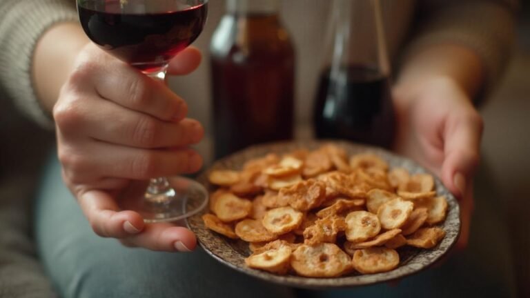 Une personne déguste du vin rouge tout en savourant des chips dorées