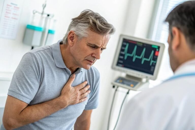 Un homme age tenant la poitrine