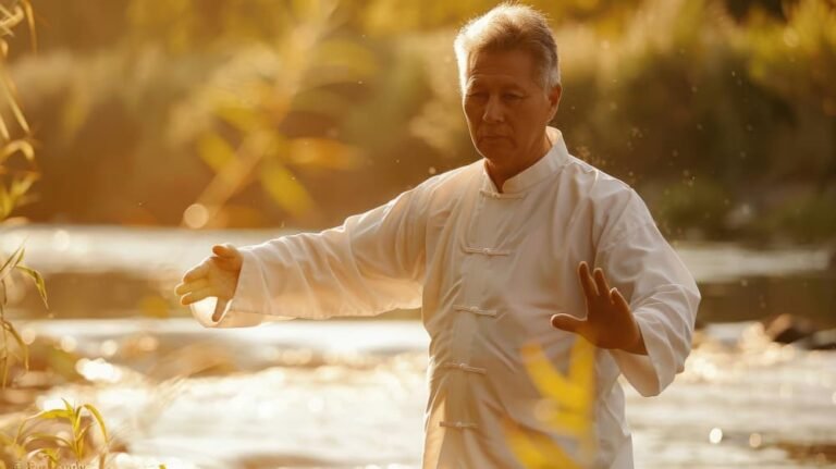 Un homme pratique le Tai Chi dans un cadre calme
